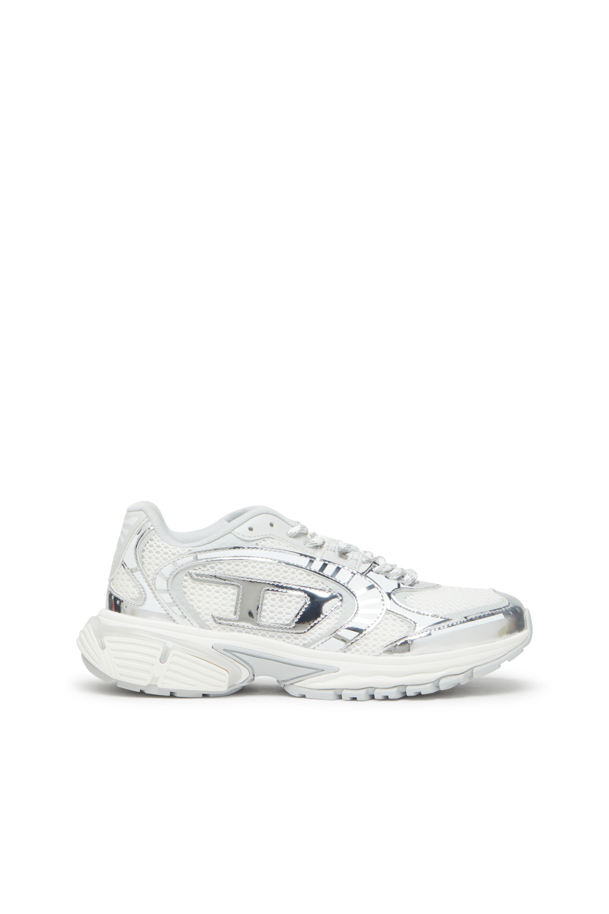 Diesel - S-PRO-V-DENSE LOW W, Woman's Metallic mesh sneakers with Oval D logo in White/Silver - 1