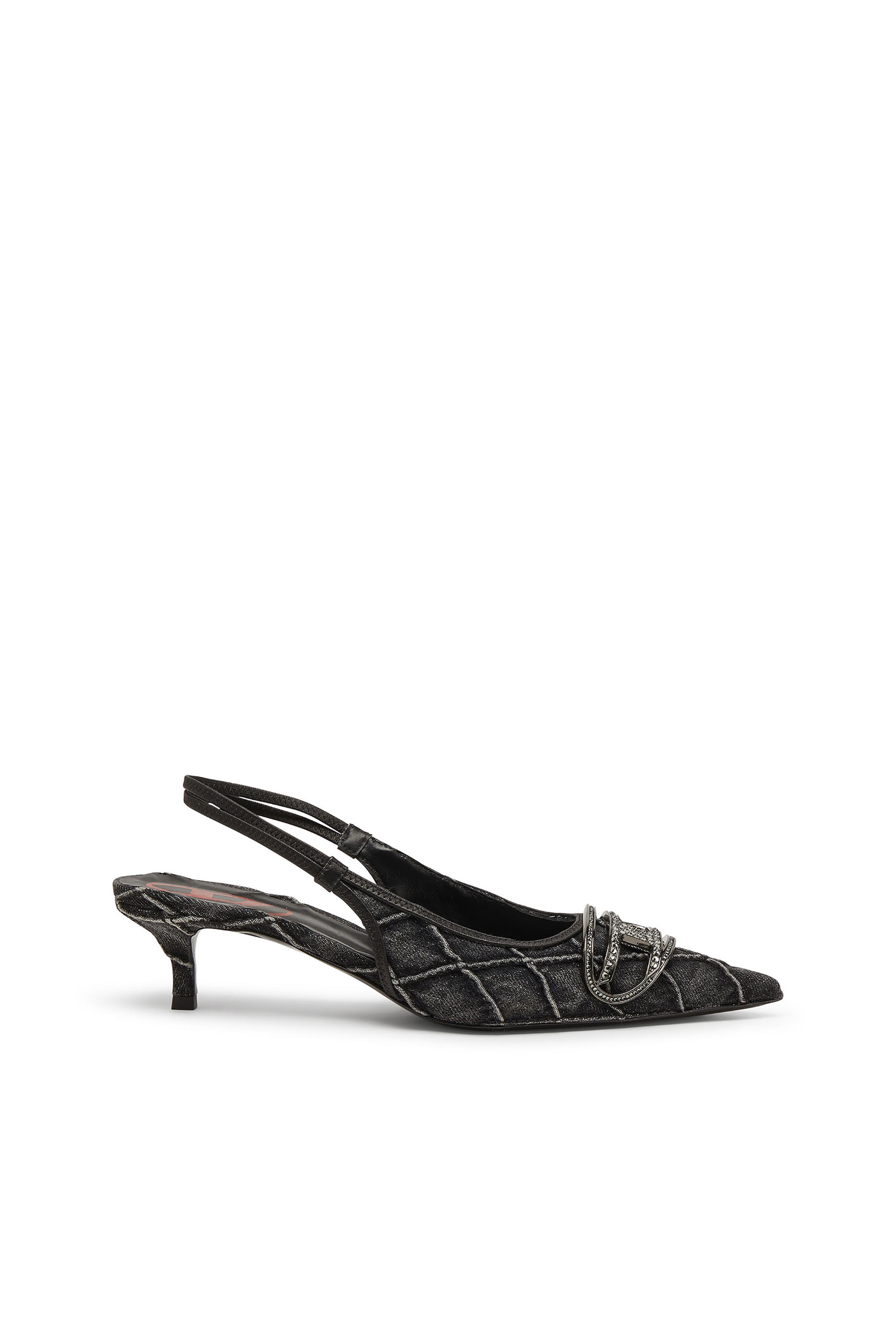 Diesel - D-VENUS SB 40, Woman's D-Venus-Crystal-logo quilted-denim slingback pumps in Black - 1