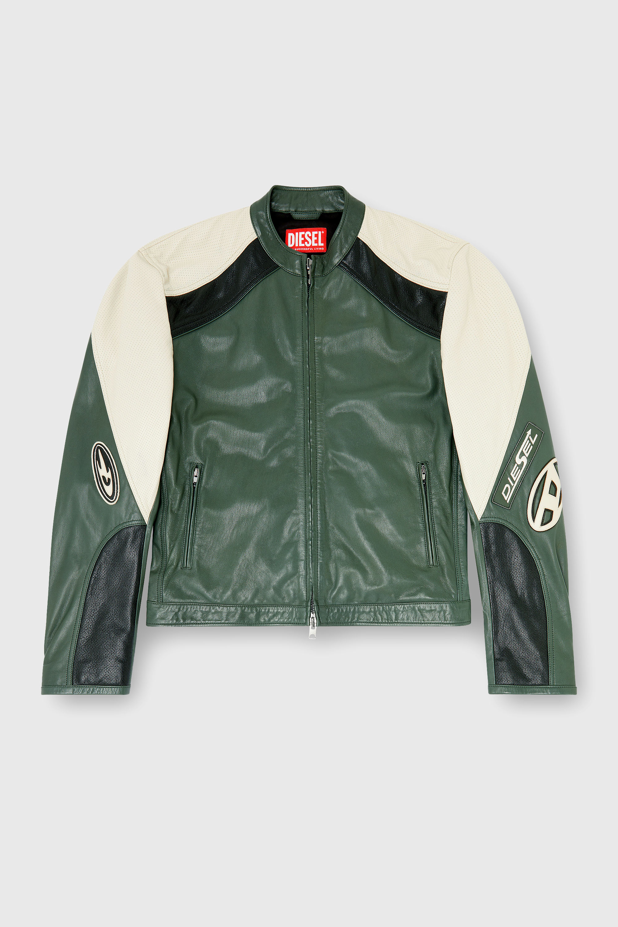 Diesel - L-AHTI, Man's Biker jacket in colour-block perforated leather in Beige/Black - 2