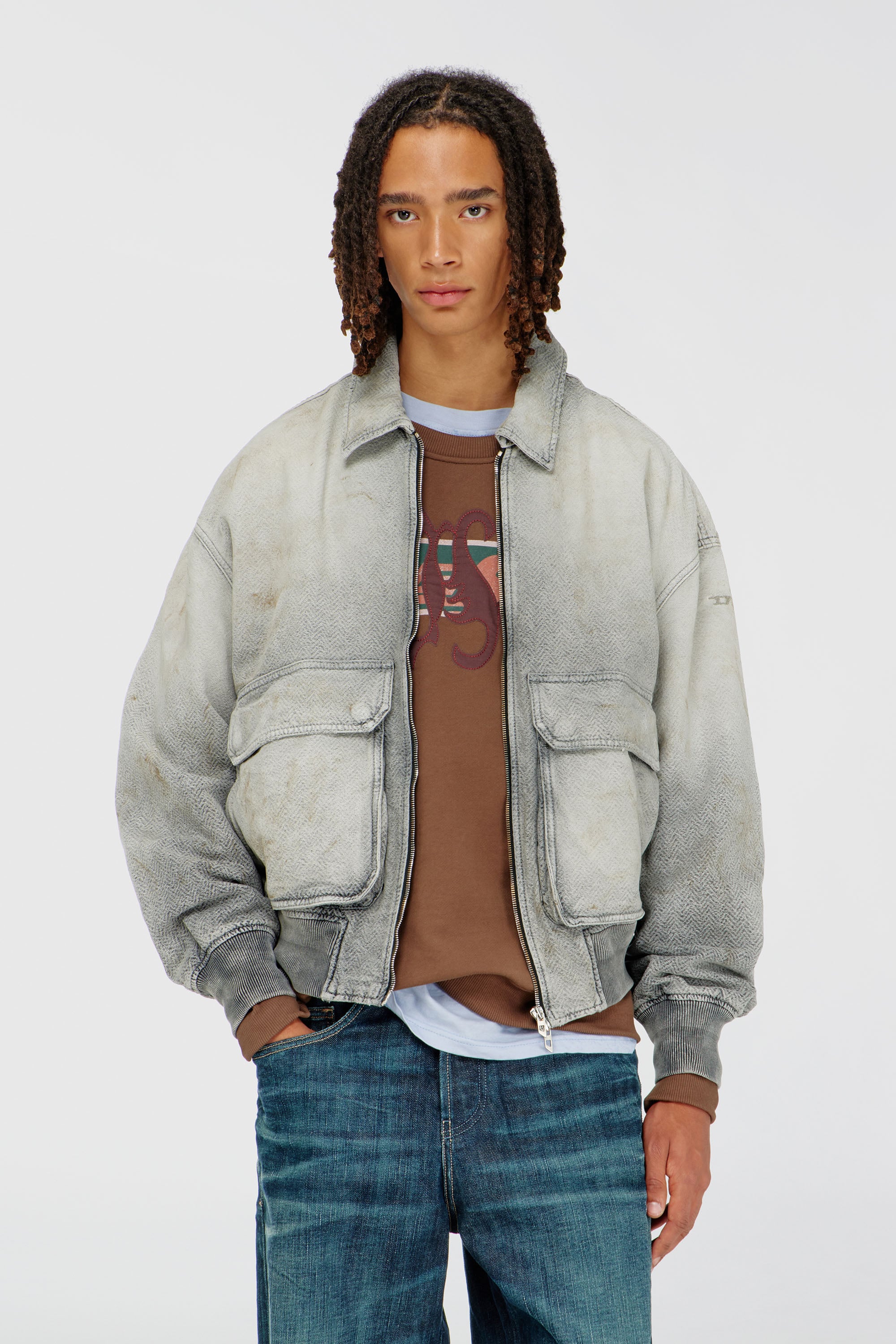Diesel - D-KURZ, Unisex's Jacket in distressed herringbone denim in Light Grey - 1