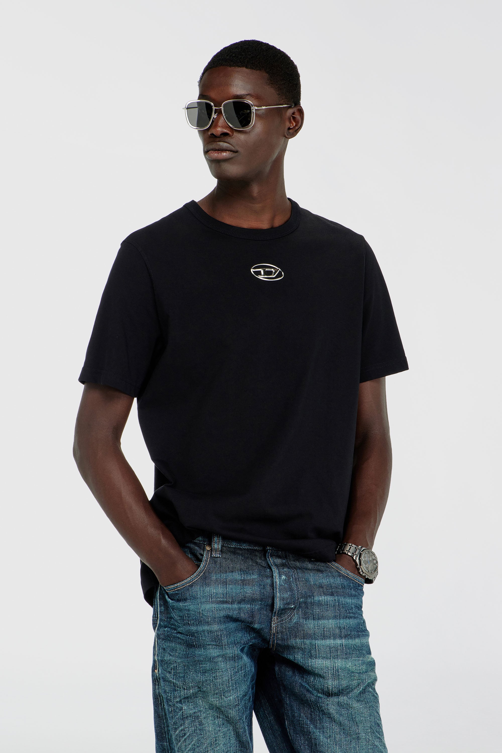 Diesel - T-ADJUST-OD, Man's T-shirt with metallic Oval D in Black - 1