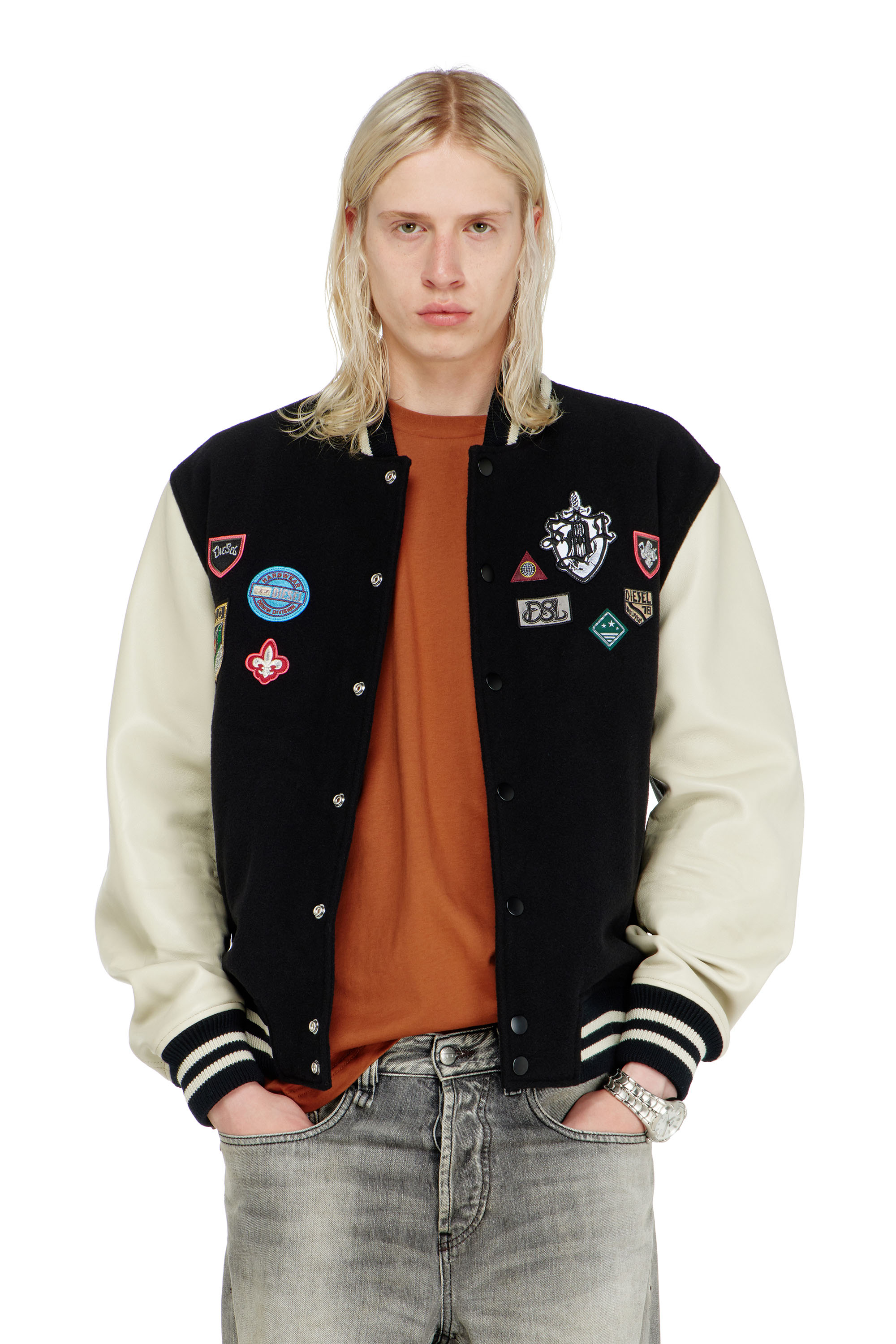 Diesel - L-ARRY-PATCH, Man's Wool and leather bomber jacket with patches in White/Black - 1