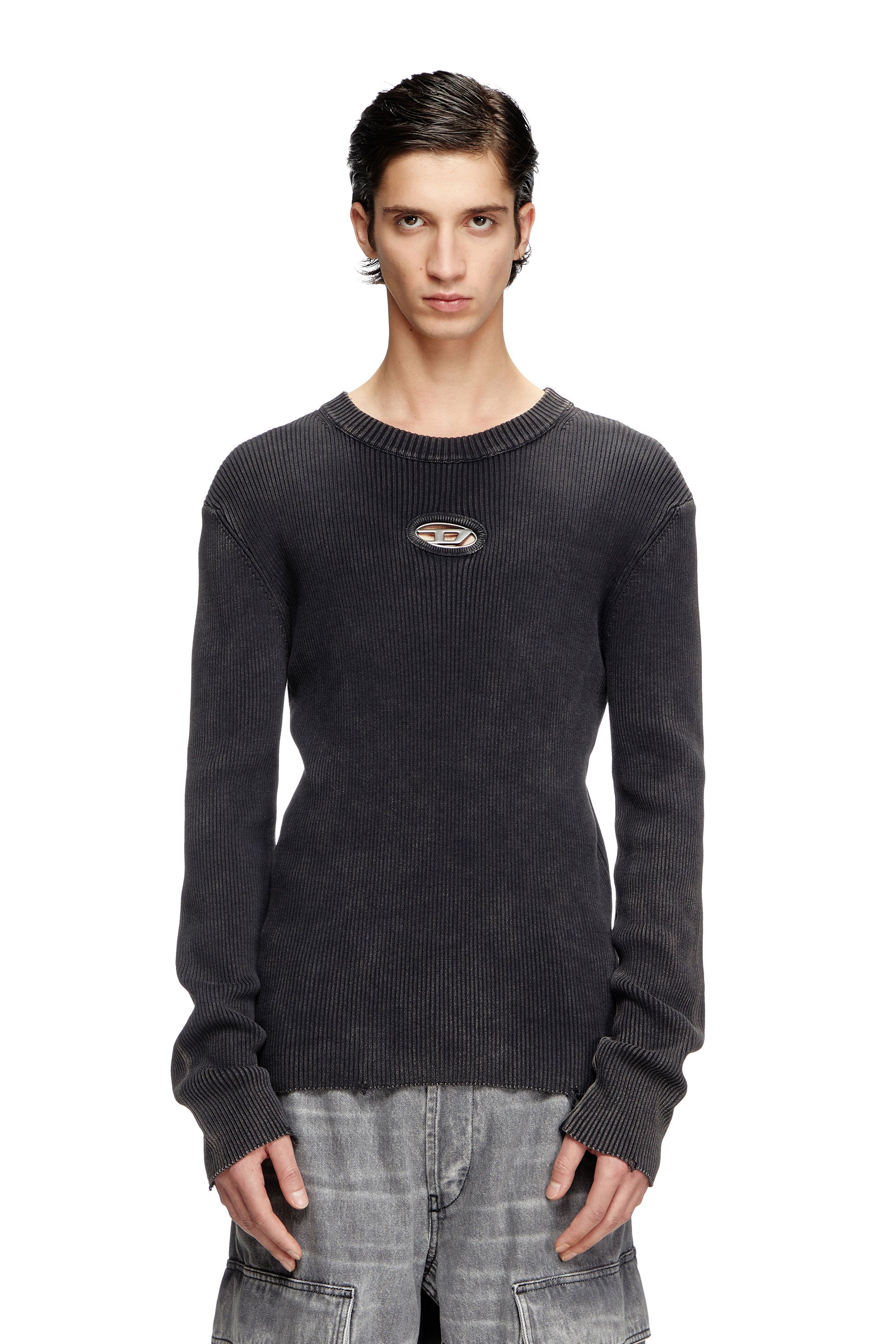 Diesel - K-DARIN-D, Man's Distressed jumper with cut-out logo in Black - 1