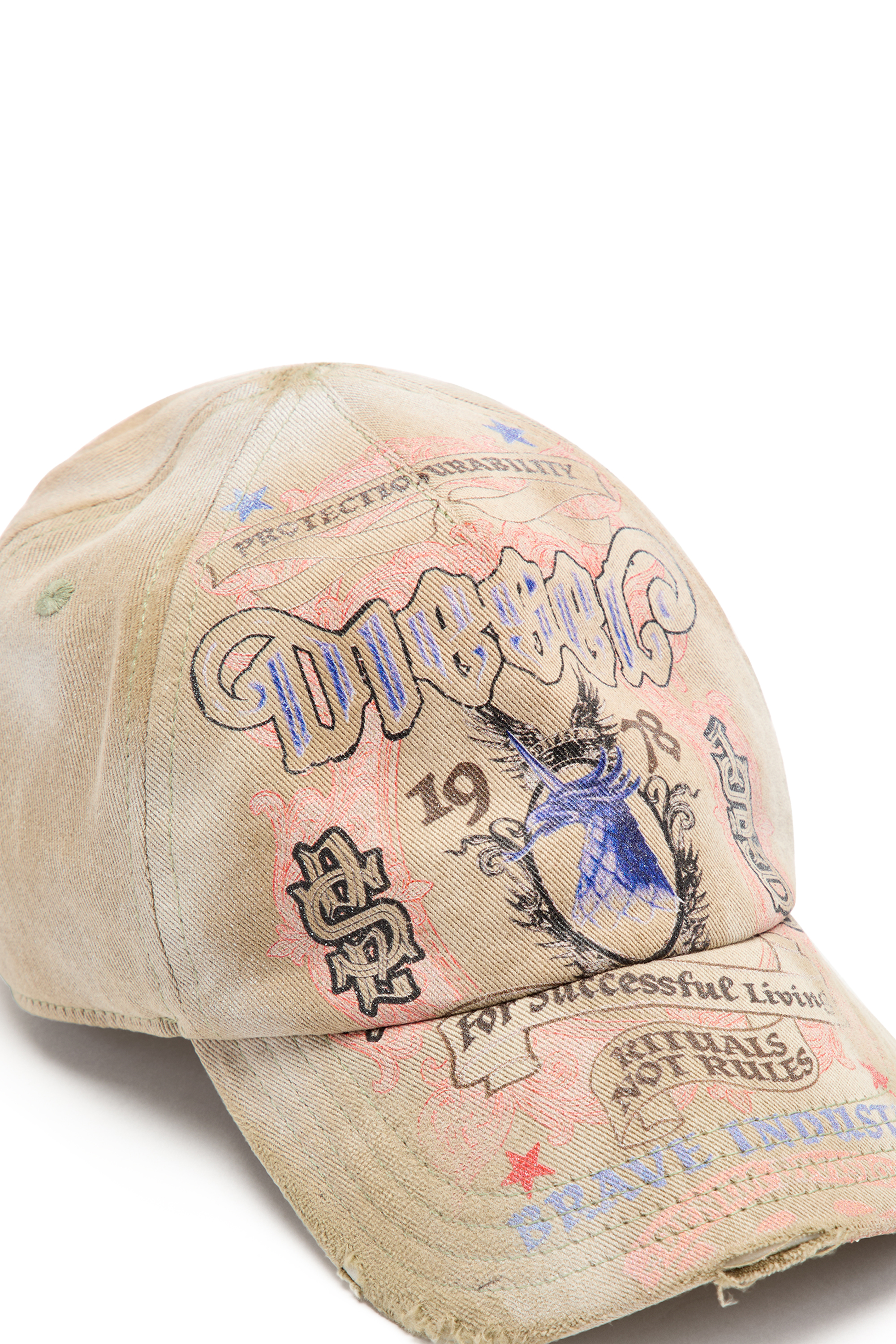 Diesel - C-RITUAL, Man's Distressed baseball cap with logo print in Beige - 3
