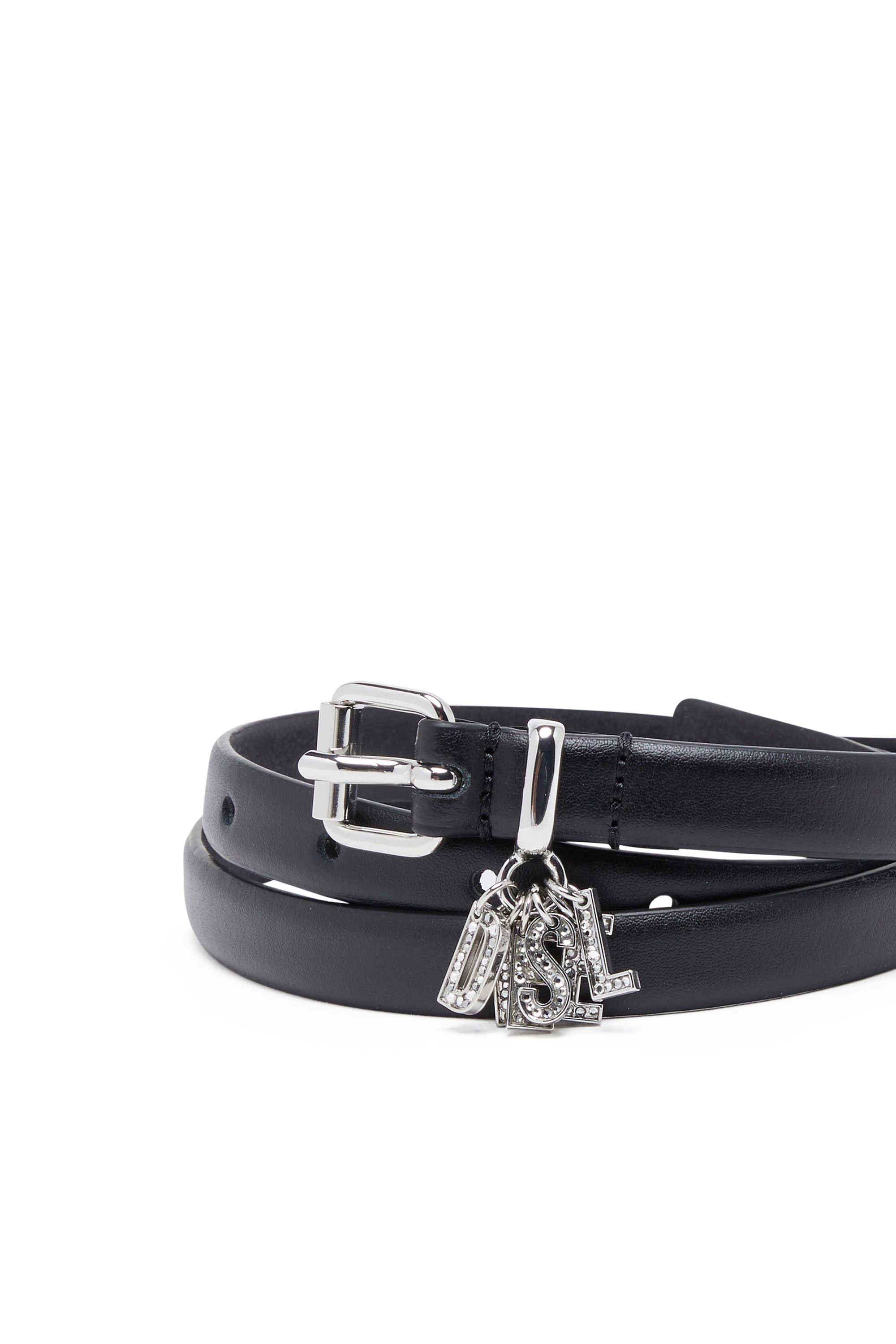 Diesel - B-CHARM-LOOP, Woman's 1.4cm leather belt with crystal logo charms in Black - 3